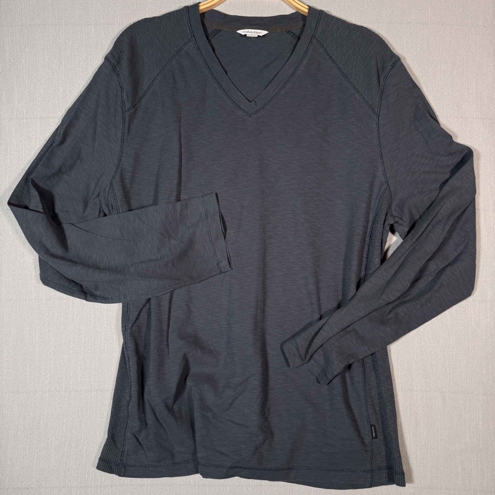 Calvin Klein Long Sleeve V-Neck Shirt Charcoal Grey Textured Slub Mens Large